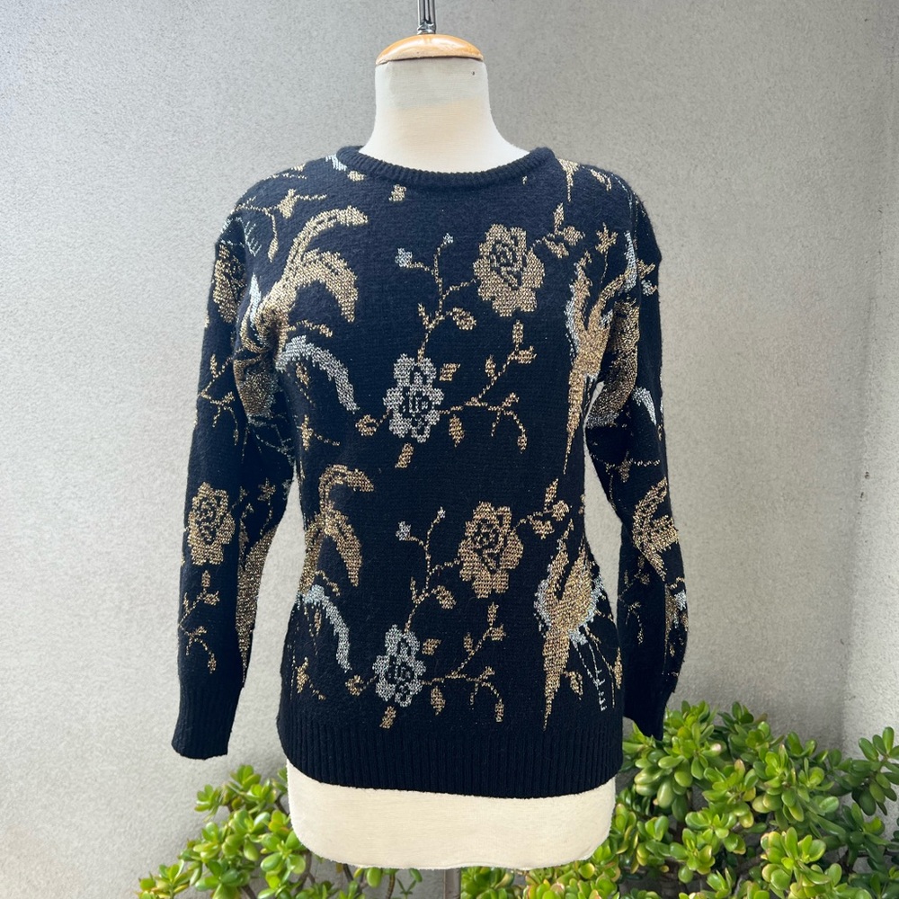 Vintage Cristina’s pullover glam sweater black metallic silver gold floral M